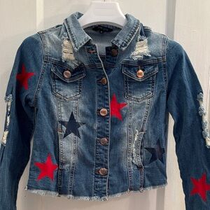 🟢Brand New Distressed Denim Jacket Handcrafted W/Custom Art Work, Size Medium